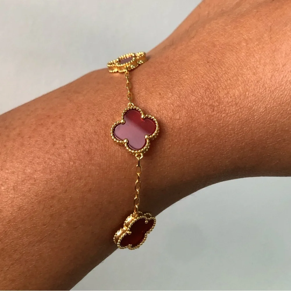 Red Carnelian 5 Quatrefoil Clover Motif Gold Bracelet